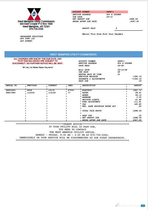 Download USA West Memphis business utility commission utility bill Word and PDF template Photoshop template